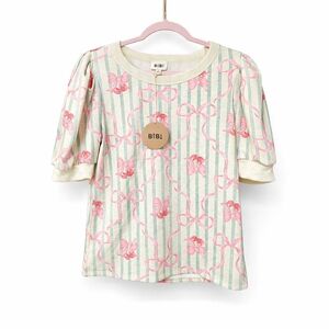 BIBI Pink Bow & Floral Stripe Puff Sleeve Top SZ Small
